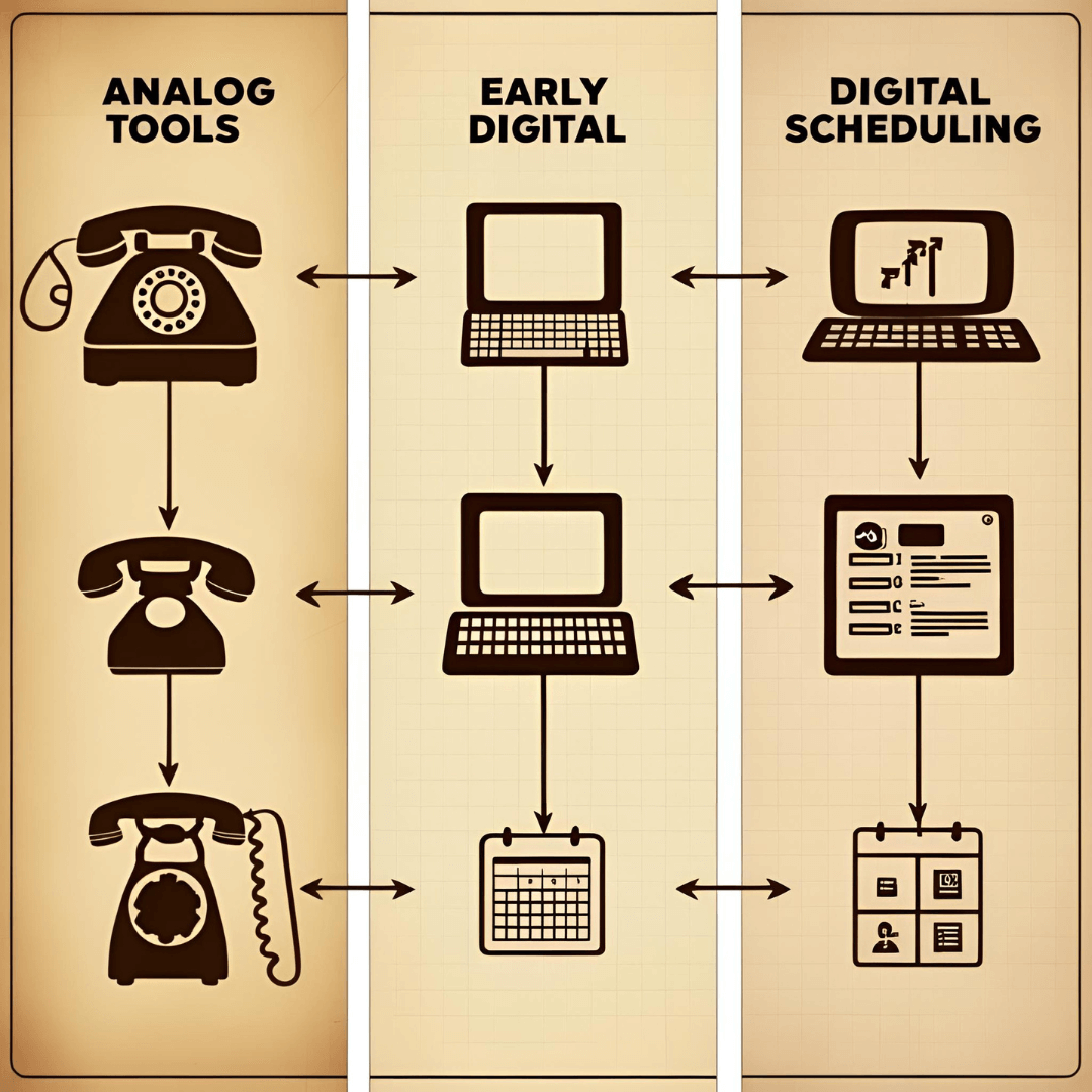 Flowchart timeline showing dispatch software evolution from vintage analog tools to early digital devices and modern smartphones, with no text overlays.