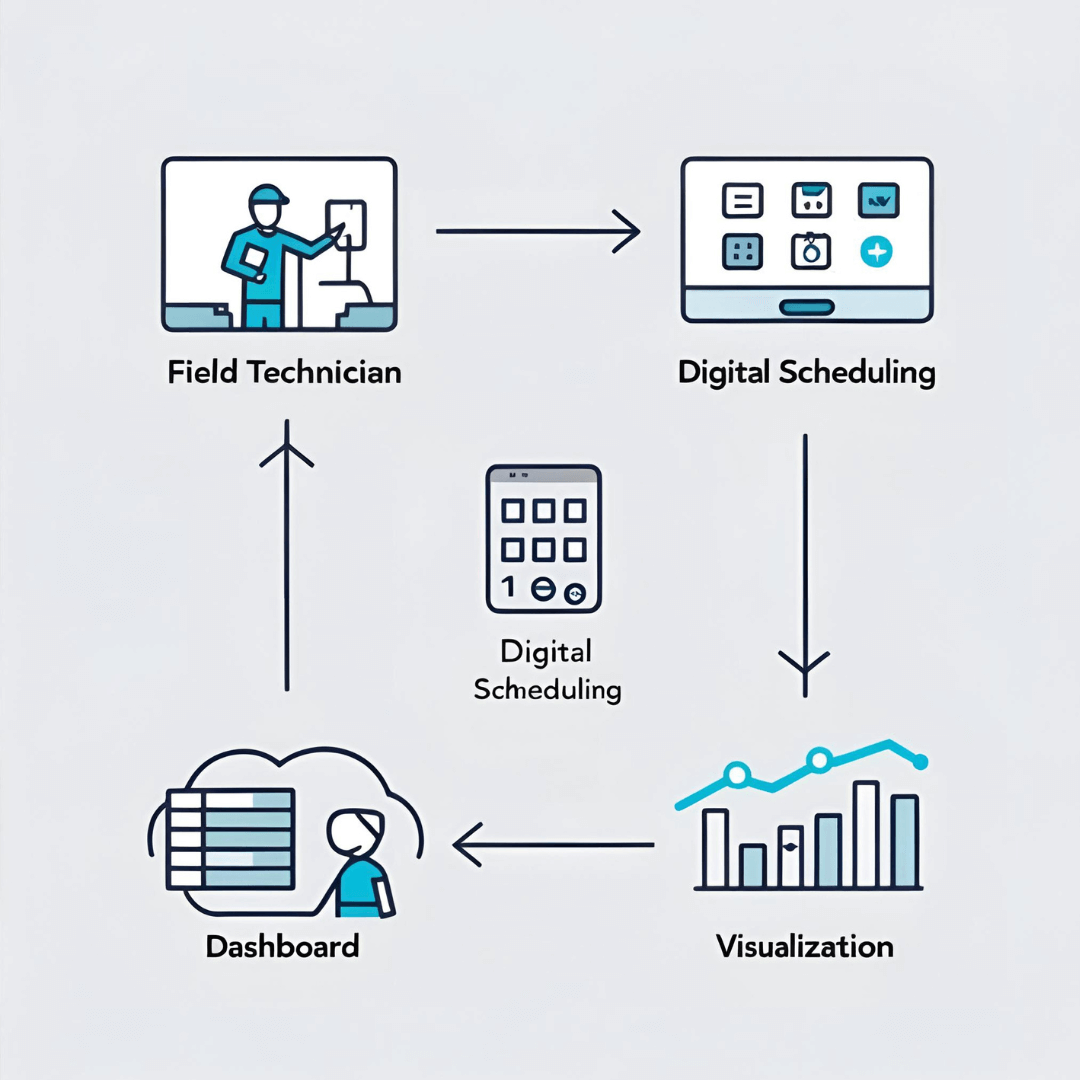 Minimalist flowchart with icons representing a field technician, digital scheduling, a dispatcher dashboard, and data visualization connected by arrows in a modern flat design