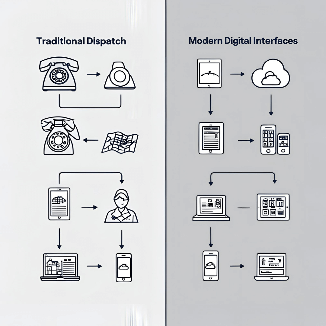 Minimalist flowchart comparing traditional dispatch methods (rotary phone, paper maps) with modern digital interfaces (smartphone, tablet, digital dashboard, cloud symbols) connected by arrows.