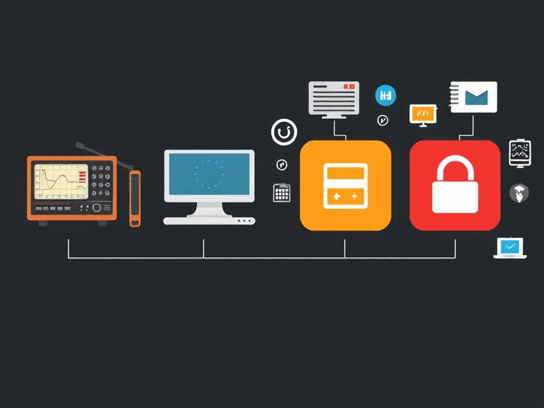 An image illustrating a timeline transition from vintage manual dispatch tools like paper maps and telephones to modern digital icons such as smartphones and cloud symbols, representing the evolution of dispatch software.