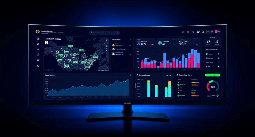 Widescreen monitor displaying a real‑time analytics dashboard: map heatmap with moving icons, line and bar charts, and status indicators.