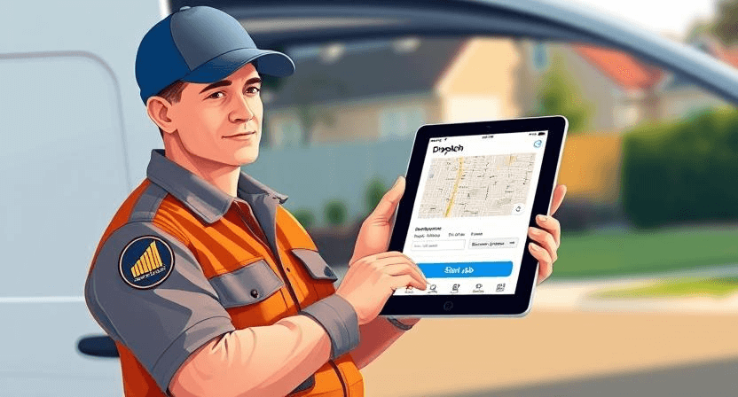 Field technician standing beside a service van, holding a tablet that displays a dispatch app interface with map and job details.
