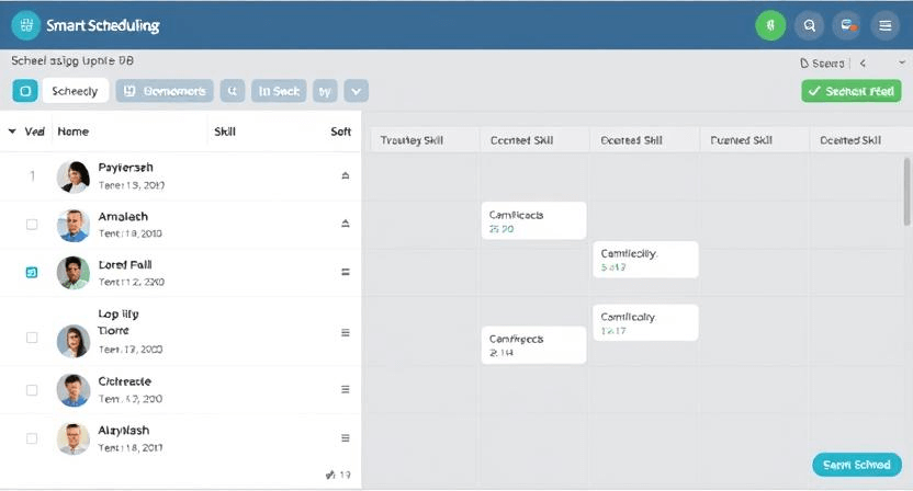 Smart scheduling interface showing technicians auto‑assigned by location and skill