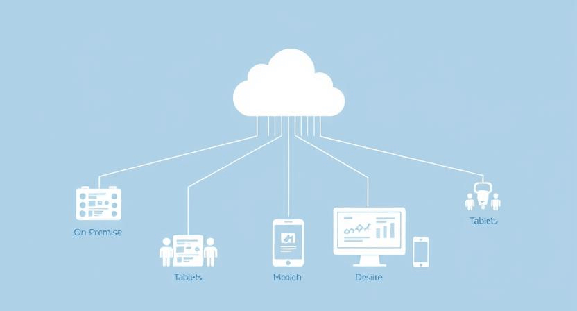 Diagram of a cloud dispatch architecture: a central cloud icon connected with arrows to on‑premise servers, mobile devices, and a web dashboard.