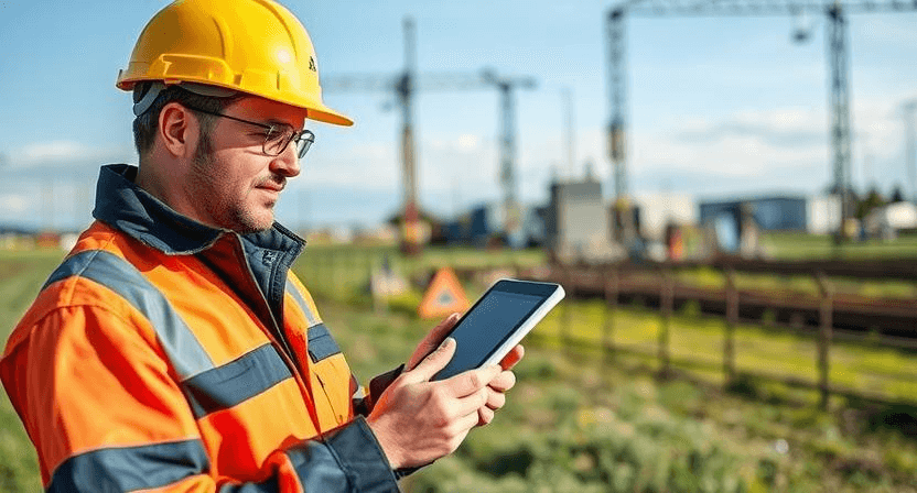 Field technician using a tablet to complete digital work orders and capture data on‑site