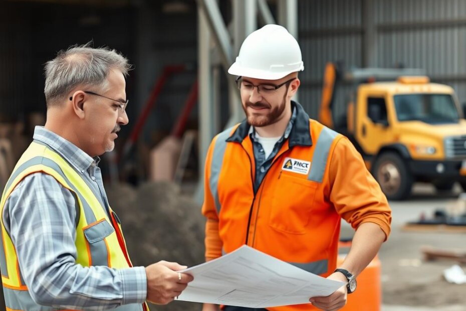 Field service business owner discussing project with subcontractors at a job site