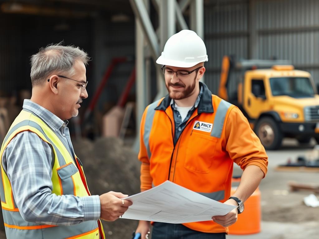 Field service business owner discussing project with subcontractors at a job site