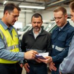 Field service business owner training new employee technicians on company procedures