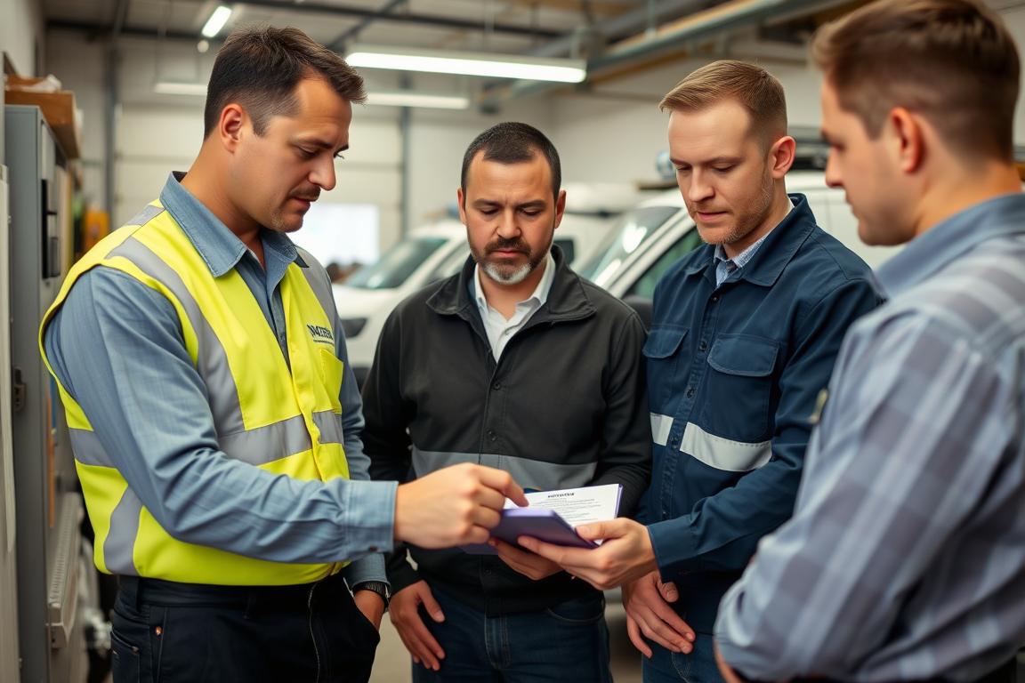 Field service business owner training new employee technicians on company procedures