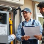 Field service technician working on HVAC equipment while business owner reviews hiring vs subcontracting options