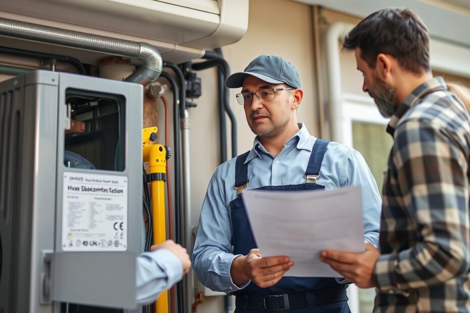 Field service technician working on HVAC equipment while business owner reviews hiring vs subcontracting options