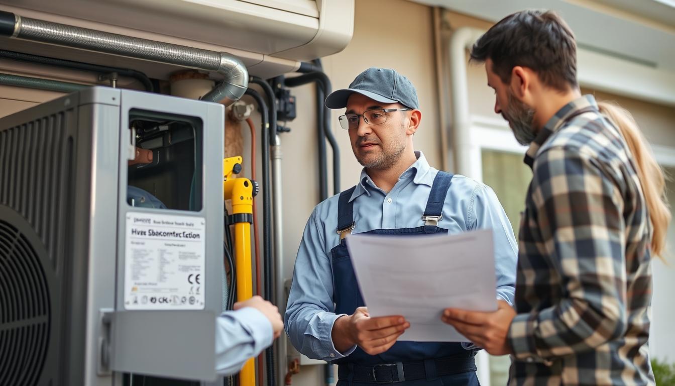 Field service technician working on HVAC equipment while business owner reviews hiring vs subcontracting options
