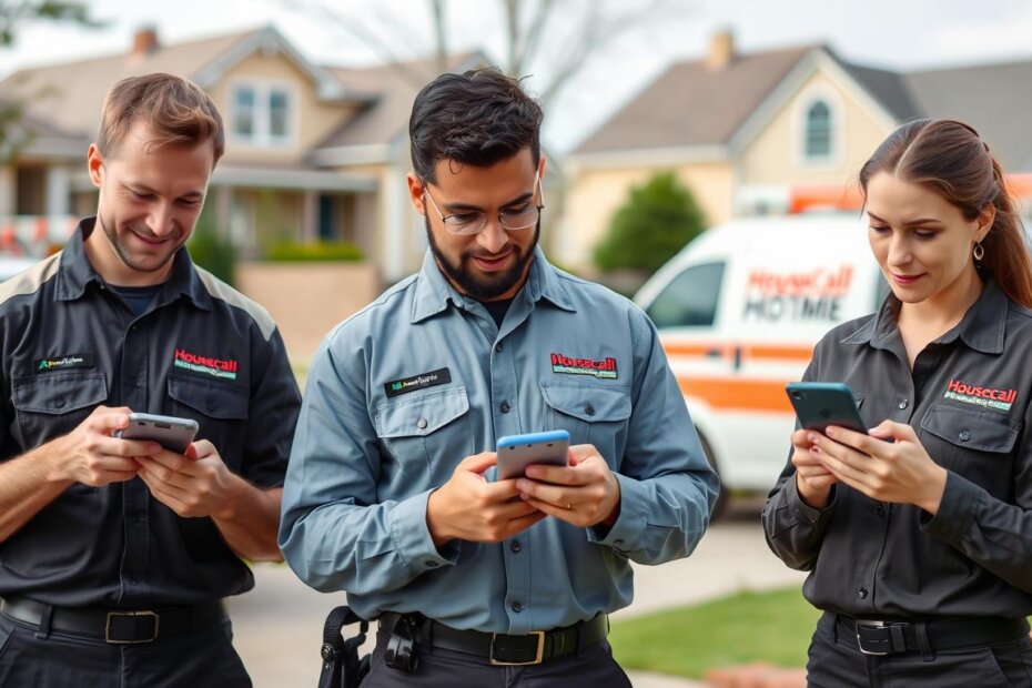 Small service business team using Housecall Pro on mobile devices