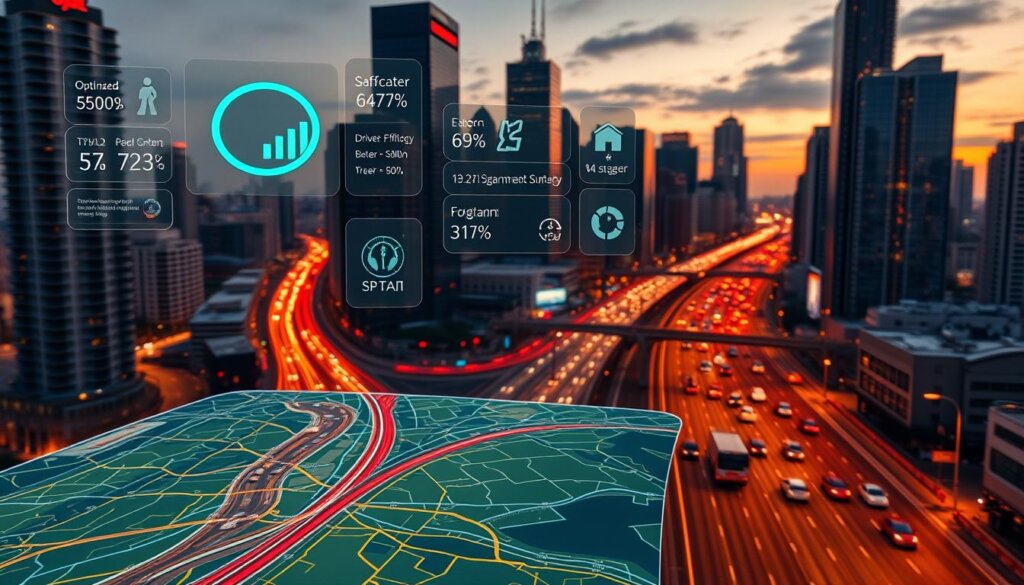 A bustling city skyline at dusk, traffic arteries weaving through towering skyscrapers. In the foreground, a digital map displays optimized delivery routes, color-coded to highlight efficiency and emissions reduction. Hovering above are holographic data visualizations, showcasing metrics like fuel consumption, driver productivity, and carbon footprint. The scene is bathed in a warm, amber glow, evoking a sense of innovation and progress towards a sustainable future. Cinematic camera angles and depth of field draw the viewer's attention to the advanced route optimization strategies at work, poised to transform urban logistics for a greener tomorrow.