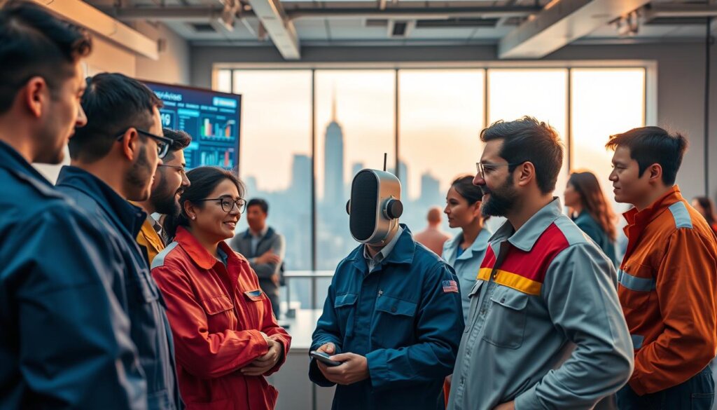 A bustling field service integration hub, with technicians from diverse backgrounds seamlessly collaborating. In the foreground, a team of engineers from various nations converse over a touchscreen panel, their uniforms reflecting the colors of their national flags. Behind them, a wall-mounted display shows real-time data analytics and service dispatch information, bathed in a warm, ambient lighting. In the middle ground, a multilingual voice interface system stands ready, its sleek design blending harmoniously with the modern, open-concept workspace. The background features a panoramic window, revealing a cityscape dotted with skyscrapers, symbolizing the global reach of this integrated field service solution. A bustling field service integration hub, with technicians from diverse backgrounds seamlessly collaborating. In the foreground, a team of engineers from various nations converse over a touchscreen panel, their uniforms reflecting the colors of their national flags. Behind them, a wall-mounted display shows real-time data analytics and service dispatch information, bathed in a warm, ambient lighting. In the middle ground, a multilingual voice interface system stands ready, its sleek design blending harmoniously with the modern, open-concept workspace. The background features a panoramic window, revealing a cityscape dotted with skyscrapers, symbolizing the global reach of this integrated field service solution.
