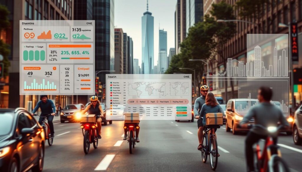 A bustling urban street, with delivery cyclists zipping through the traffic, packages stacked high on their cargo bikes. In the foreground, a digital dispatch dashboard displays real-time data - order volumes, rider locations, and estimated delivery times. The middle ground shows a team of logistics managers, studying heat maps and algorithms to optimize route planning and respond to surging demand. In the background, a stylized cityscape with towering skyscrapers, conveying the scale and complexity of hyperlocal delivery management. Soft, diffused lighting illuminates the scene, creating a sense of efficiency and control amidst the dynamic urban environment.