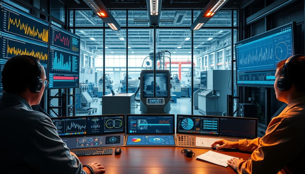 A control room with large monitors displaying real-time data on equipment performance, vibration analysis, and predictive maintenance algorithms. Technicians in the foreground carefully monitoring the systems, adjusting parameters and troubleshooting issues. Sleek, futuristic dashboards and IoT sensors in the middle ground, feeding a steady stream of diagnostic information. In the background, a factory floor visible through panoramic windows, machines operating with precision and efficiency. Warm, focused lighting accentuates the sophisticated technology, conveying a sense of proactive, data-driven equipment reliability management.