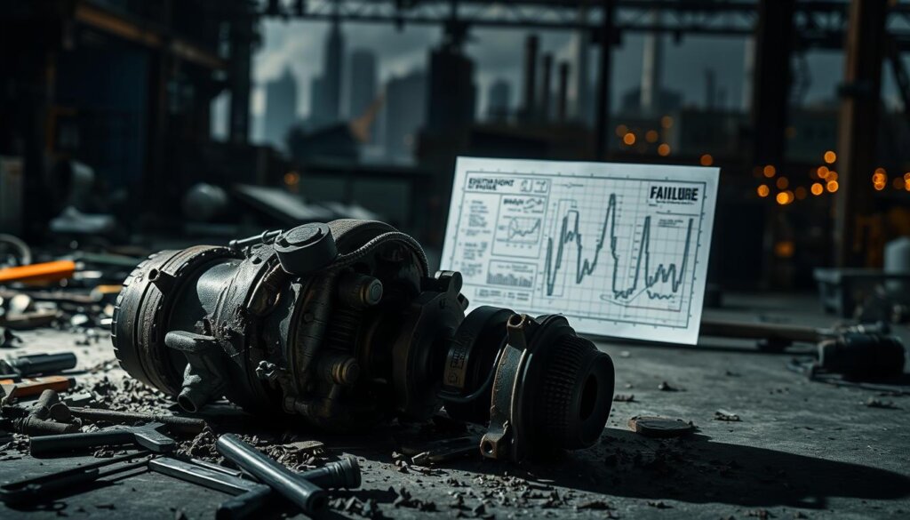 A dark, industrial scene showcasing the financial impact of equipment failure. In the foreground, a damaged piece of machinery lies amidst scattered tools and debris, casting ominous shadows. The middle ground features a detailed schematic diagram, highlighting the intricate components that have succumbed to disrepair. In the background, a blurred cityscape conveys the broader economic consequences, with cranes and smokestacks suggesting the scale of the problem. The lighting is harsh, creating a sense of urgency and the need for intervention. The overall atmosphere is one of disruption, loss, and the urgent necessity for effective maintenance strategies to mitigate such costly equipment failures.