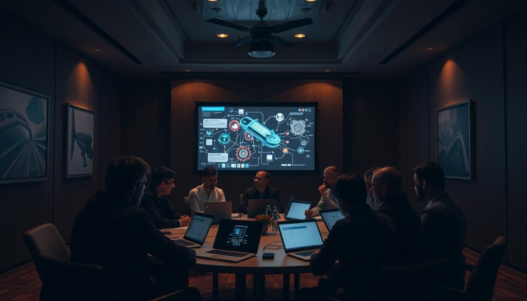 A dimly lit conference room, the walls adorned with sleek, modern art. In the center, a round table where industry leaders are gathered, their faces illuminated by the soft glow of laptop screens. The atmosphere is one of collaboration and innovation, as they discuss the future of AI-powered dispatch solutions. In the background, a projection screen displays a montage of cutting-edge technology, hinting at the possibilities that lie ahead. The lighting is warm and inviting, casting a subtle shadow that adds depth and dimension to the scene. The camera angle is slightly elevated, giving a sense of authority and importance to the proceedings. A dimly lit conference room, the walls adorned with sleek, modern art. In the center, a round table where industry leaders are gathered, their faces illuminated by the soft glow of laptop screens. The atmosphere is one of collaboration and innovation, as they discuss the future of AI-powered dispatch solutions. In the background, a projection screen displays a montage of cutting-edge technology, hinting at the possibilities that lie ahead. The lighting is warm and inviting, casting a subtle shadow that adds depth and dimension to the scene. The camera angle is slightly elevated, giving a sense of authority and importance to the proceedings.