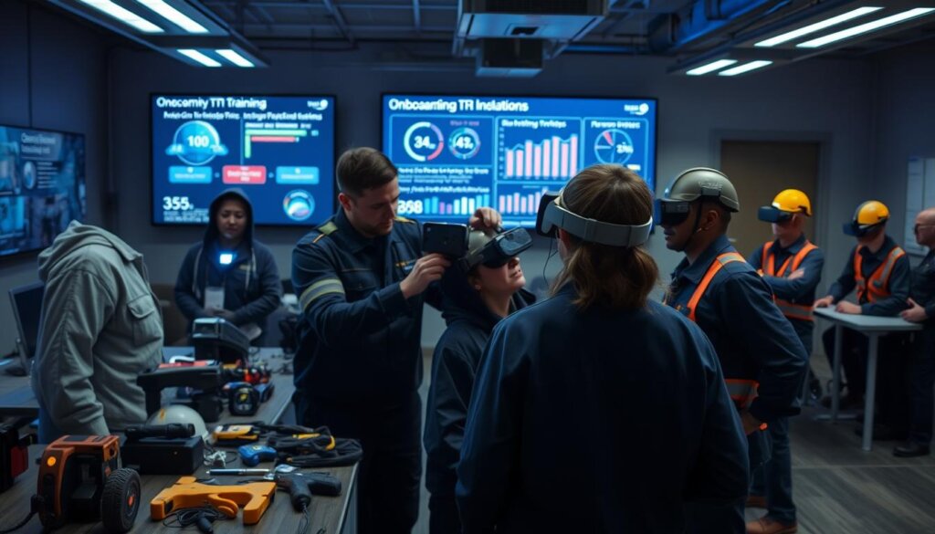 A dimly lit training room, with trainees dressed in work uniforms gathered around a virtual reality headset. In the foreground, a technician assists a trainee, guiding them through the VR experience. The middle ground showcases a variety of AR-enabled tools and devices, hinting at the technological solutions used to address onboarding challenges. In the background, a large display presents data visualizations, highlighting the measurable impact of these immersive technologies on training efficiency. The scene conveys a sense of focus, collaboration, and a spirit of overcoming obstacles through the innovative application of AR and VR in the onboarding process.