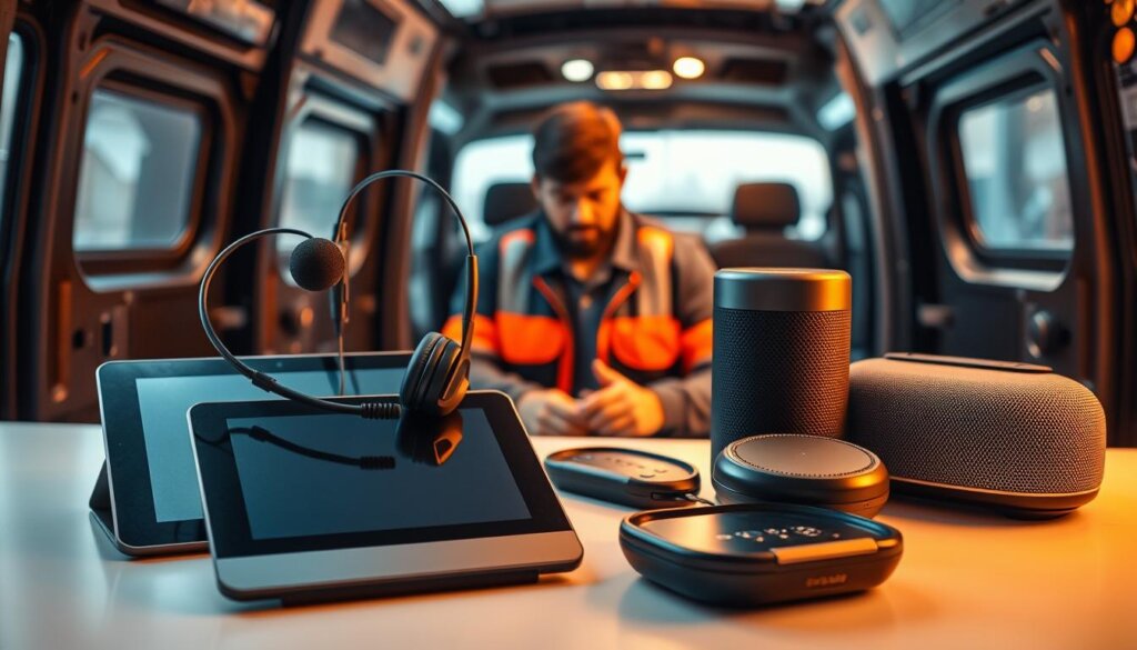 A neatly arranged workspace showcases a collection of voice-enabled tools, including a hands-free tablet, a headset with a directional microphone, and a smart speaker. The scene is illuminated by warm, diffused lighting, creating a professional and efficient atmosphere. In the foreground, the tools are positioned on a clean, uncluttered desk, hinting at their seamless integration into the technician's workflow. The middle ground features a technician, their face obscured, focused on the task at hand, their hands free to manipulate the equipment. The background depicts a modern, well-appointed field service van, suggesting the versatility and mobility of these voice-enabled solutions. A neatly arranged workspace showcases a collection of voice-enabled tools, including a hands-free tablet, a headset with a directional microphone, and a smart speaker. The scene is illuminated by warm, diffused lighting, creating a professional and efficient atmosphere. In the foreground, the tools are positioned on a clean, uncluttered desk, hinting at their seamless integration into the technician's workflow. The middle ground features a technician, their face obscured, focused on the task at hand, their hands free to manipulate the equipment. The background depicts a modern, well-appointed field service van, suggesting the versatility and mobility of these voice-enabled solutions.