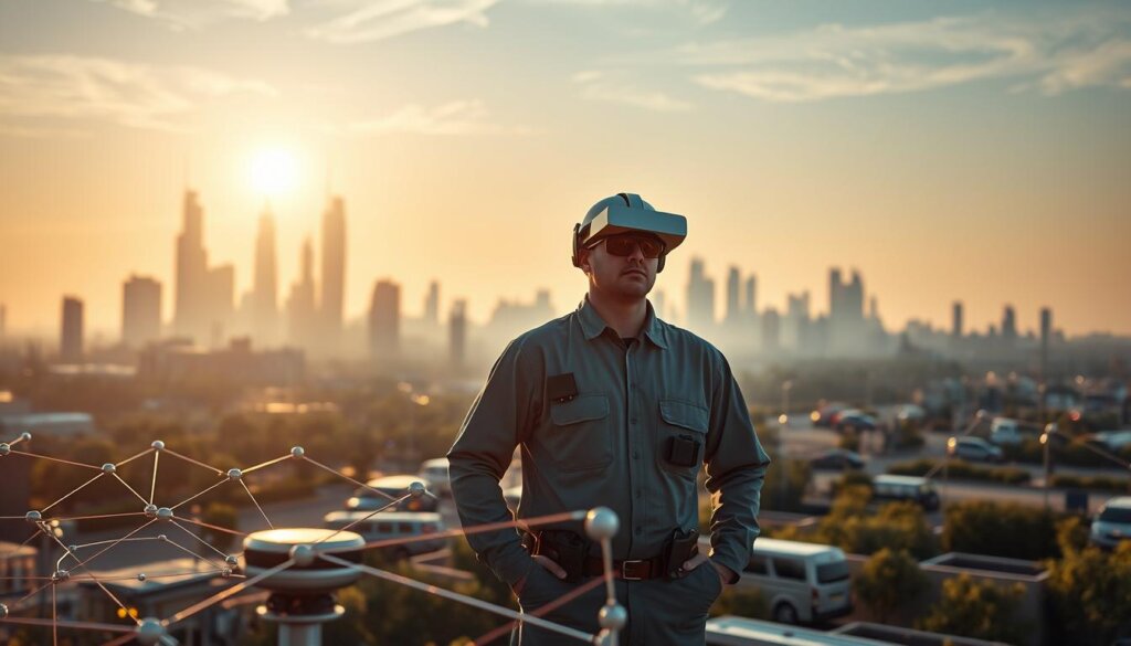 A serene landscape of the field service automation industry, captured under a warm, golden hour glow. In the foreground, a network of connected devices and sensors seamlessly communicating, representing the IoT infrastructure powering this transformation. The middle ground features technicians equipped with augmented reality headsets, utilizing real-time data and remote expertise to efficiently resolve issues. In the distance, a futuristic cityscape with gleaming skyscrapers and autonomous vehicles, symbolizing the integration of field service into the broader smart city ecosystem. The entire scene is bathed in a soft, diffused light, conveying a sense of harmony and progress as the field service industry evolves to meet the demands of the 21st century. A serene landscape of the field service automation industry, captured under a warm, golden hour glow. In the foreground, a network of connected devices and sensors seamlessly communicating, representing the IoT infrastructure powering this transformation. The middle ground features technicians equipped with augmented reality headsets, utilizing real-time data and remote expertise to efficiently resolve issues. In the distance, a futuristic cityscape with gleaming skyscrapers and autonomous vehicles, symbolizing the integration of field service into the broader smart city ecosystem. The entire scene is bathed in a soft, diffused light, conveying a sense of harmony and progress as the field service industry evolves to meet the demands of the 21st century.
