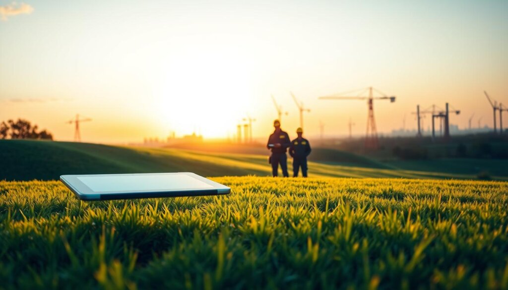 A serene landscape unfolds, showcasing the evolution of field service management. In the foreground, a modern, sleek tablet hovers above a lush, rolling meadow, symbolizing the integration of technology into field operations. The middle ground features a team of field technicians, their uniforms crisp and their expressions focused, as they navigate the seamless workflow of a no-code FSM platform. In the distance, the silhouettes of towering cranes and industrial structures fade into the horizon, a testament to the industry's transformation. The scene is bathed in warm, golden light, casting a sense of progress and innovation. Cinematic depth of field and subtle camera angle emphasize the dynamic nature of this evolving field service landscape. A serene landscape unfolds, showcasing the evolution of field service management. In the foreground, a modern, sleek tablet hovers above a lush, rolling meadow, symbolizing the integration of technology into field operations. The middle ground features a team of field technicians, their uniforms crisp and their expressions focused, as they navigate the seamless workflow of a no-code FSM platform. In the distance, the silhouettes of towering cranes and industrial structures fade into the horizon, a testament to the industry's transformation. The scene is bathed in warm, golden light, casting a sense of progress and innovation. Cinematic depth of field and subtle camera angle emphasize the dynamic nature of this evolving field service landscape.