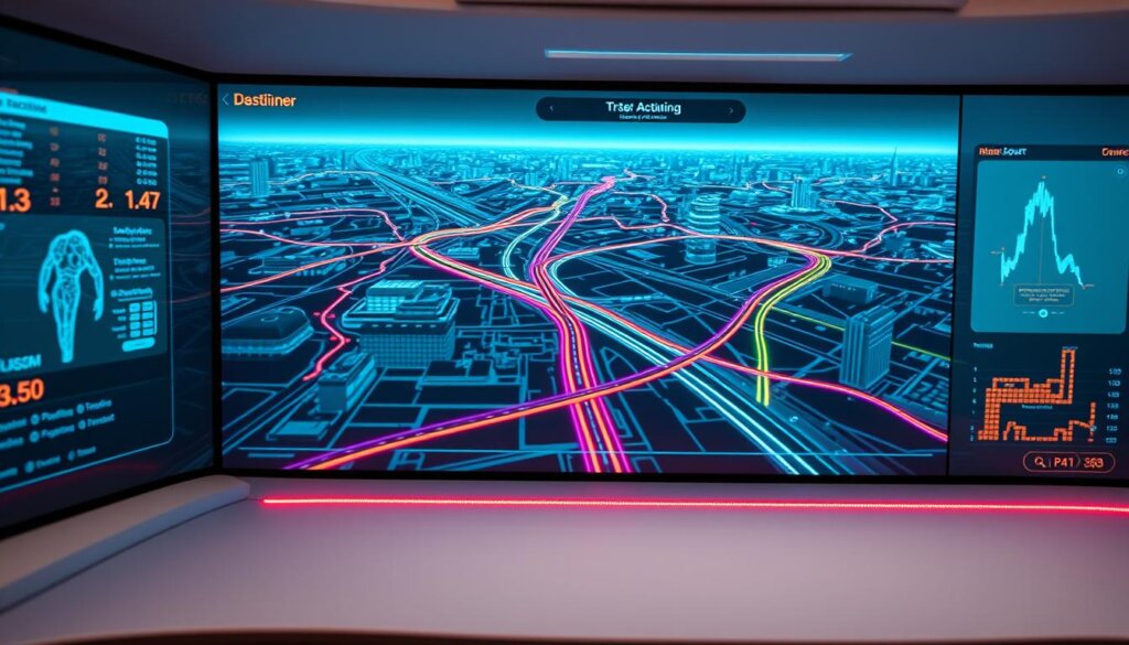 A sleek, minimalist dashboard displaying a dynamic routing algorithm, with vibrant color-coded paths weaving through a digital cityscape. Crisp, technical lines and glowing displays convey the precision and efficiency of the system. Subtle ambient lighting casts a warm, futuristic glow, while a clean, monochromatic palette emphasizes the technological focus. The camera angle is slightly elevated, providing an overview of the intricate, interconnected network, showcasing the advanced capabilities of this algorithmic routing technology.