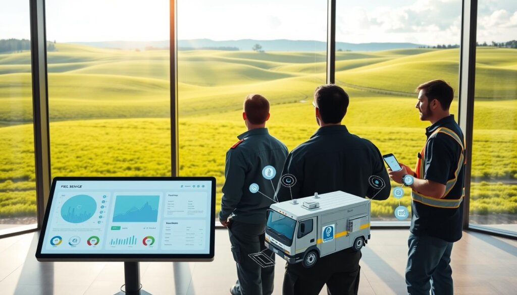 A sleek, modern office interior with large windows overlooking a lush, verdant field. In the foreground, a team of field service technicians collaborating around a touchscreen display, showcasing key data visualizations and intuitive software features. The middle ground features a stylized 3D render of a field service vehicle equipped with IoT sensors and a mobile device, symbolizing remote monitoring and dispatch capabilities. The background depicts a sun-dappled, rolling landscape with a clean, minimalist aesthetic, conveying the seamless integration of digital and physical elements in a no-code field service management platform. A sleek, modern office interior with large windows overlooking a lush, verdant field. In the foreground, a team of field service technicians collaborating around a touchscreen display, showcasing key data visualizations and intuitive software features. The middle ground features a stylized 3D render of a field service vehicle equipped with IoT sensors and a mobile device, symbolizing remote monitoring and dispatch capabilities. The background depicts a sun-dappled, rolling landscape with a clean, minimalist aesthetic, conveying the seamless integration of digital and physical elements in a no-code field service management platform.