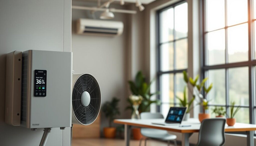 A sleek, modern office interior with large windows that let in abundant natural light. In the foreground, a state-of-the-art HVAC unit hums quietly, its efficient design and IoT connectivity showcased. The middle ground features a minimalist desk setup, with a laptop and digital thermostat display demonstrating energy-saving climate control adjustments. In the background, potted plants and warm, earthy tones create a comfortable, sustainable atmosphere. Soft, diffused lighting accentuates the clean lines and technological integration, conveying the benefits of IoT-enabled HVAC solutions for both energy efficiency and occupant comfort. A sleek, modern office interior with large windows that let in abundant natural light. In the foreground, a state-of-the-art HVAC unit hums quietly, its efficient design and IoT connectivity showcased. The middle ground features a minimalist desk setup, with a laptop and digital thermostat display demonstrating energy-saving climate control adjustments. In the background, potted plants and warm, earthy tones create a comfortable, sustainable atmosphere. Soft, diffused lighting accentuates the clean lines and technological integration, conveying the benefits of IoT-enabled HVAC solutions for both energy efficiency and occupant comfort.