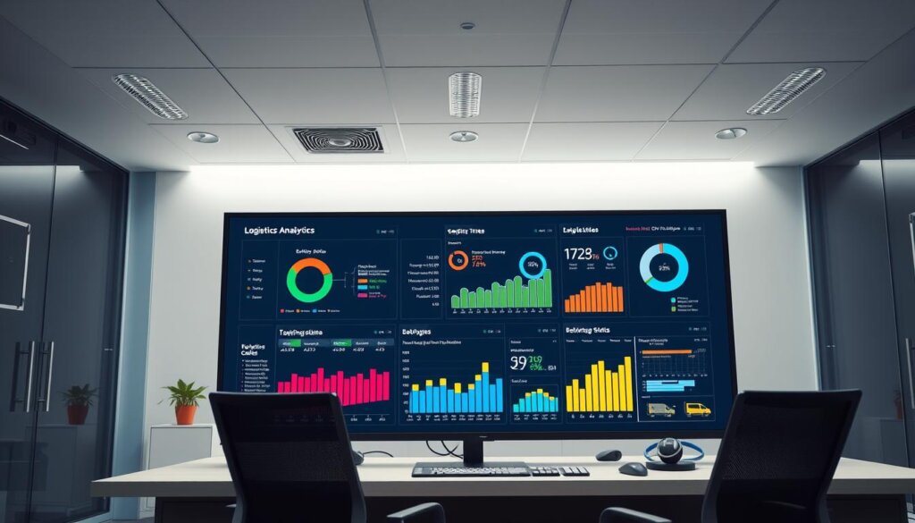 A sleek, modern office setting with a large, high-resolution display showing a detailed analytics dashboard. The dashboard features colorful graphs, charts, and data visualizations highlighting various logistics optimization metrics such as route efficiency, delivery times, and vehicle utilization. The lighting is soft and evenly distributed, creating a professional and analytical atmosphere. The camera angle is slightly elevated, providing a comprehensive view of the dashboard and the workstation. The overall scene conveys a sense of data-driven decision-making and the power of AI-powered dispatch to transform logistics operations. A sleek, modern office setting with a large, high-resolution display showing a detailed analytics dashboard. The dashboard features colorful graphs, charts, and data visualizations highlighting various logistics optimization metrics such as route efficiency, delivery times, and vehicle utilization. The lighting is soft and evenly distributed, creating a professional and analytical atmosphere. The camera angle is slightly elevated, providing a comprehensive view of the dashboard and the workstation. The overall scene conveys a sense of data-driven decision-making and the power of AI-powered dispatch to transform logistics operations.