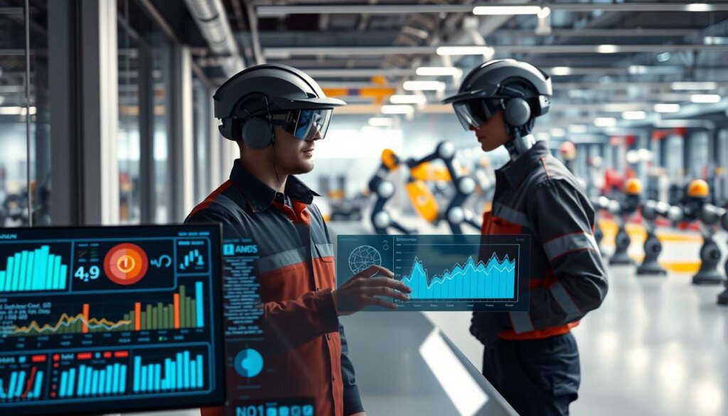 A state-of-the-art AI-powered maintenance management system, depicted in a sleek, modern office setting. In the foreground, a touchscreen dashboard displays real-time data and analytics, allowing for efficient monitoring and optimization of maintenance workflows. In the middle ground, technicians collaborate using augmented reality headsets, overlaying digital schematics and instructions onto physical equipment. The background showcases a panoramic view of the facility, with robotic systems autonomously performing routine inspections and repairs. Soft, directional lighting illuminates the scene, creating a sense of technological sophistication and seamless integration between human and machine. A state-of-the-art AI-powered maintenance management system, depicted in a sleek, modern office setting. In the foreground, a touchscreen dashboard displays real-time data and analytics, allowing for efficient monitoring and optimization of maintenance workflows. In the middle ground, technicians collaborate using augmented reality headsets, overlaying digital schematics and instructions onto physical equipment. The background showcases a panoramic view of the facility, with robotic systems autonomously performing routine inspections and repairs. Soft, directional lighting illuminates the scene, creating a sense of technological sophistication and seamless integration between human and machine.