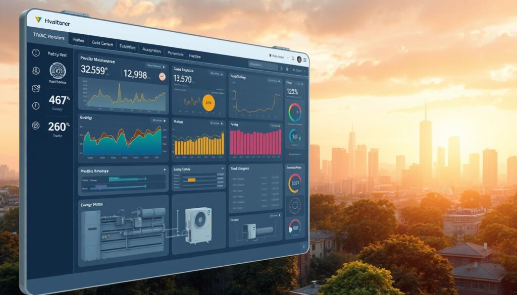 A state-of-the-art HVAC monitoring dashboard with a sleek, minimalist interface. The foreground displays a comprehensive data visualization, featuring real-time sensor readings, energy consumption graphs, and predictive maintenance alerts. The middle ground showcases a 3D rendering of a commercial building, its systems and equipment meticulously detailed. In the background, a serene cityscape with skyscrapers and lush greenery, bathed in warm, diffused lighting, creates a sense of urban tranquility. The overall scene conveys the power of remote monitoring and data management in optimizing HVAC performance and energy efficiency. A state-of-the-art HVAC monitoring dashboard with a sleek, minimalist interface. The foreground displays a comprehensive data visualization, featuring real-time sensor readings, energy consumption graphs, and predictive maintenance alerts. The middle ground showcases a 3D rendering of a commercial building, its systems and equipment meticulously detailed. In the background, a serene cityscape with skyscrapers and lush greenery, bathed in warm, diffused lighting, creates a sense of urban tranquility. The overall scene conveys the power of remote monitoring and data management in optimizing HVAC performance and energy efficiency.