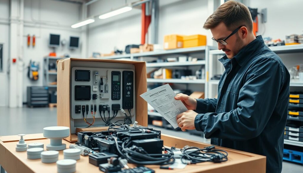 A technician diligently unpacking and setting up a sleek, modern AI maintenance system in a well-lit, clean industrial workspace. The foreground showcases the various components being carefully extracted from the packaging - sensors, control panels, and connecting cables. In the middle ground, the technician is connecting the different modules, following a detailed step-by-step installation guide. The background features shelves of neatly organized tools and spare parts, conveying a sense of professionalism and efficiency. The lighting is bright and even, casting a warm glow and highlighting the precision of the installation process. The overall mood is one of focused, methodical work towards a successful, state-of-the-art deployment. A technician diligently unpacking and setting up a sleek, modern AI maintenance system in a well-lit, clean industrial workspace. The foreground showcases the various components being carefully extracted from the packaging - sensors, control panels, and connecting cables. In the middle ground, the technician is connecting the different modules, following a detailed step-by-step installation guide. The background features shelves of neatly organized tools and spare parts, conveying a sense of professionalism and efficiency. The lighting is bright and even, casting a warm glow and highlighting the precision of the installation process. The overall mood is one of focused, methodical work towards a successful, state-of-the-art deployment.