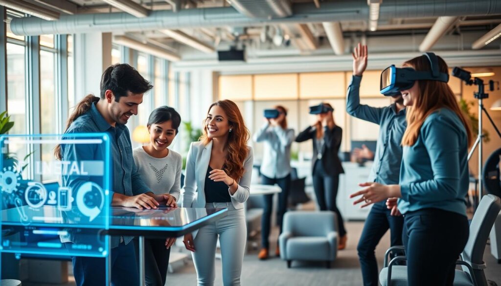 A vibrant, dynamic office scene showcasing employee engagement and retention. In the foreground, a group of diverse professionals collaborate intently around a sleek, holographic display, their expressions animated as they discuss ideas. The middle ground features an open, airy workspace with ergonomic furniture and natural lighting from large windows, creating a warm, productive atmosphere. In the background, a team-building activity unfolds, with employees participating in a virtual reality simulation, their movements captured by motion-tracking cameras. The overall scene conveys a sense of innovation, camaraderie, and a commitment to employee well-being and professional growth.