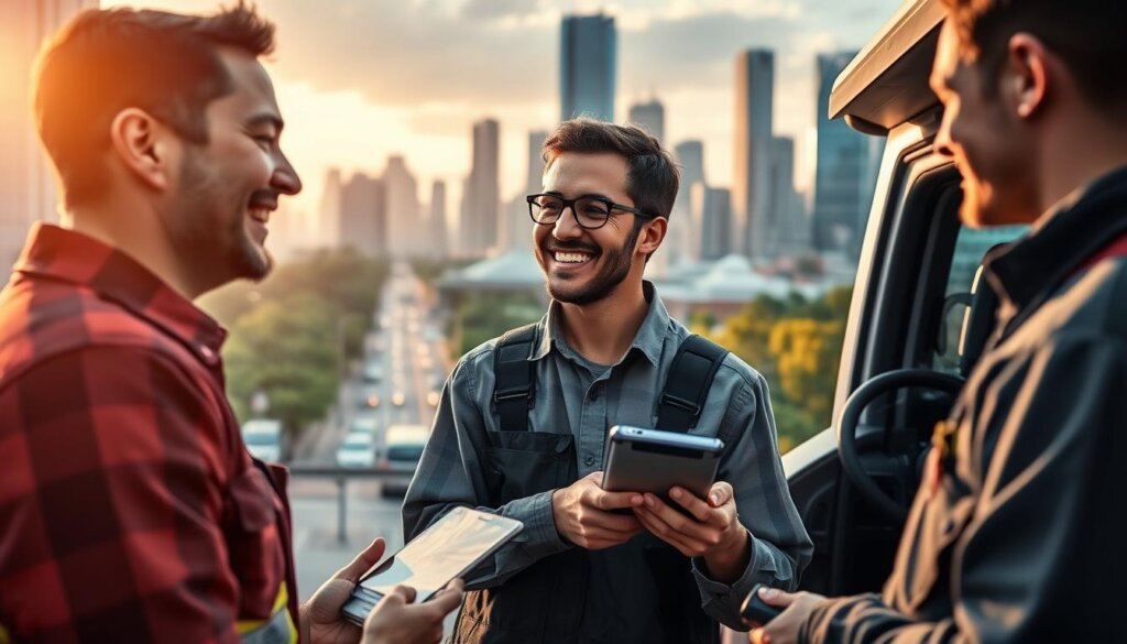 A vibrant, photorealistic scene showcasing the key benefits of customer satisfaction. In the foreground, a smiling customer is engaged with a field service technician, their interaction radiating positivity and trust. The middle ground features a modern, well-equipped service vehicle, conveying efficiency and professionalism. In the background, a bustling cityscape with gleaming skyscrapers and lush greenery sets an urban, forward-looking tone. Soft, warm lighting bathes the scene, creating a sense of harmony and progress. The overall composition emphasizes the seamless synergy between field service automation and delighted customers, reflecting the article's theme of reshaping service delivery. A vibrant, photorealistic scene showcasing the key benefits of customer satisfaction. In the foreground, a smiling customer is engaged with a field service technician, their interaction radiating positivity and trust. The middle ground features a modern, well-equipped service vehicle, conveying efficiency and professionalism. In the background, a bustling cityscape with gleaming skyscrapers and lush greenery sets an urban, forward-looking tone. Soft, warm lighting bathes the scene, creating a sense of harmony and progress. The overall composition emphasizes the seamless synergy between field service automation and delighted customers, reflecting the article's theme of reshaping service delivery.